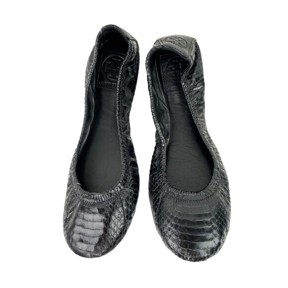 Tory Burch Eddie Womens Black Snakeskin Embossed Leather Skimmer Ballet Flats 7 - Picture 1 of 7